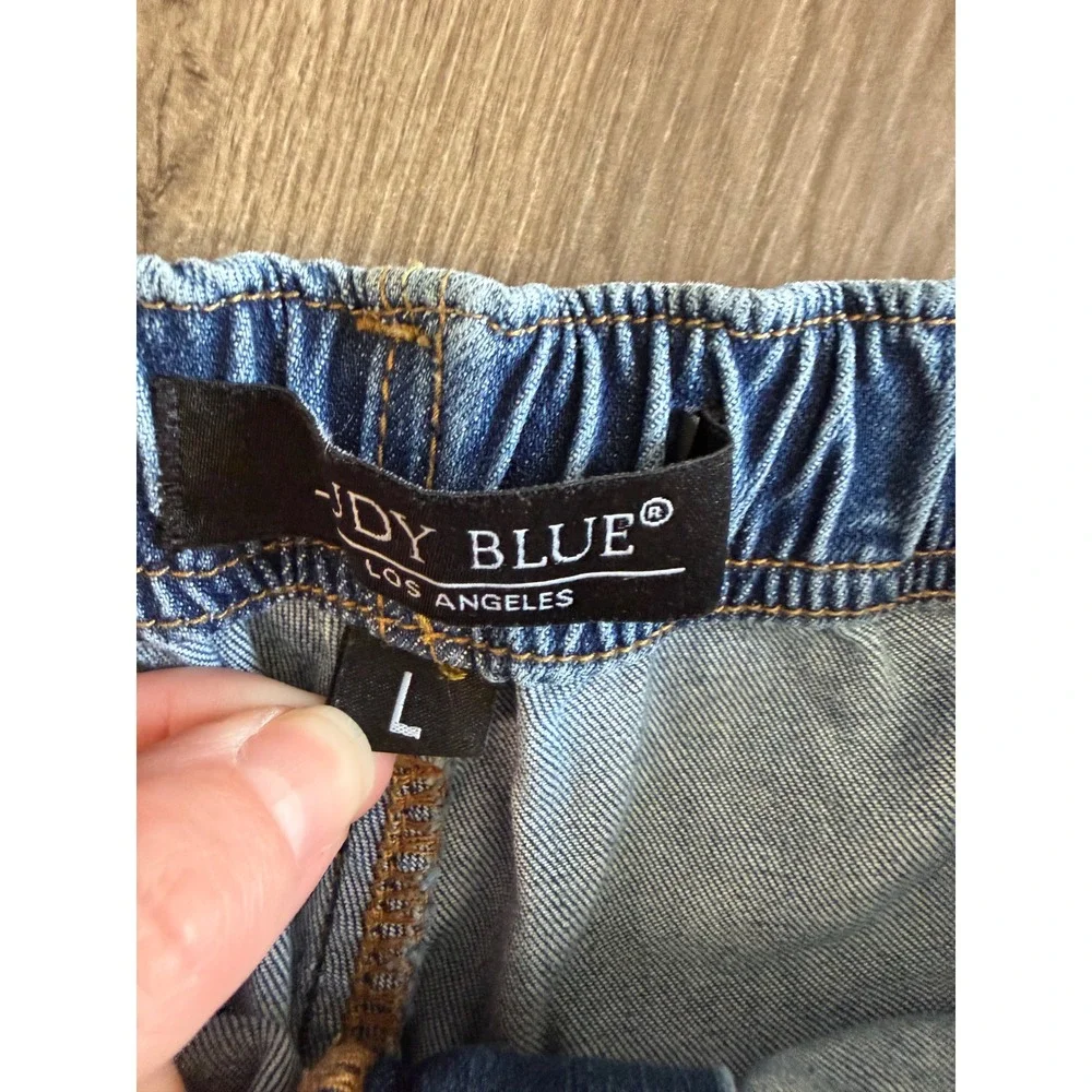 Judy Blue JB150168 Blue Denim Drawstring Elastic Waist Cuffed Pull On Shorts L
